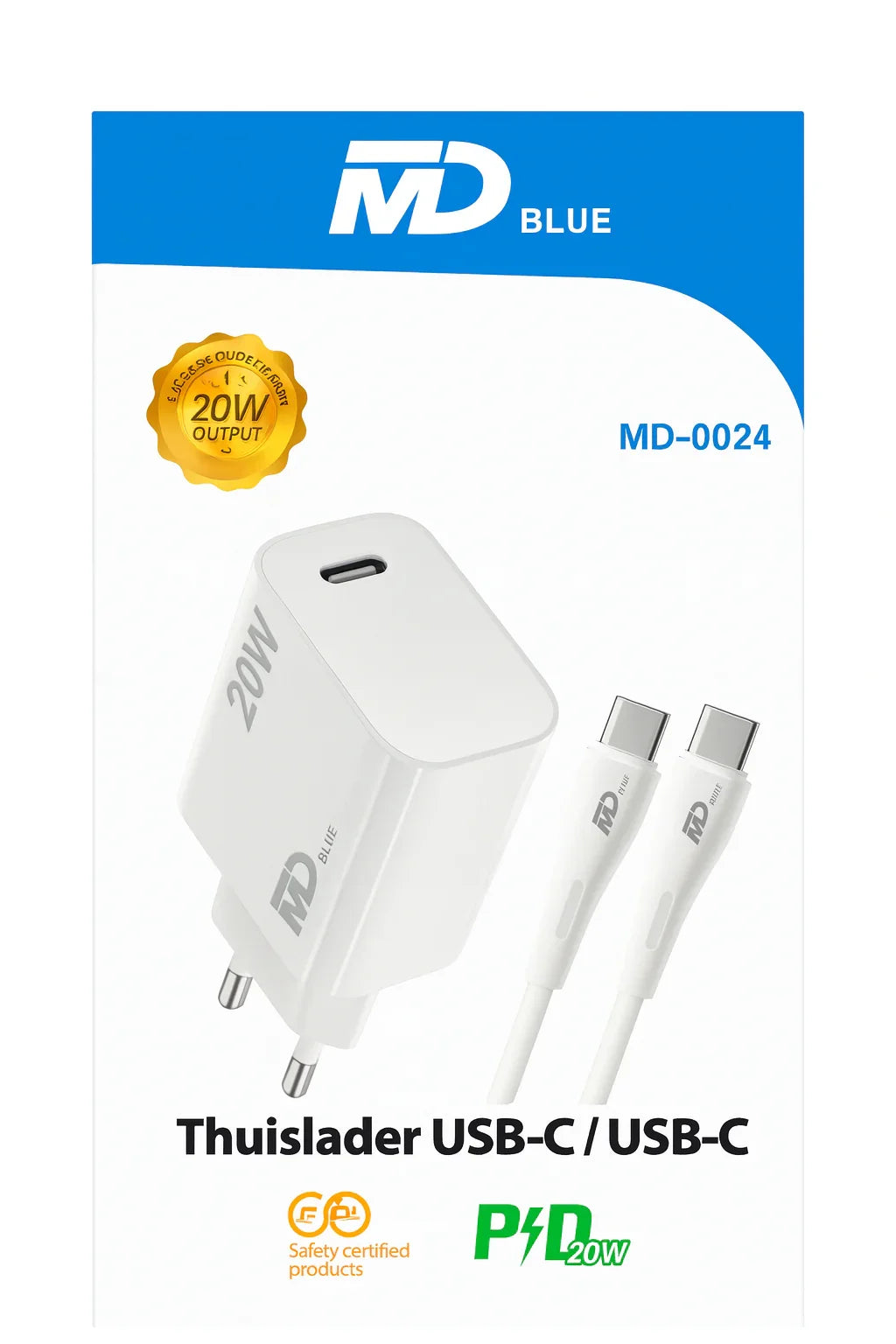 MD BLUE Thuislader – USB-C naar USB-C Snellader 20W Output - Shisha Smaak