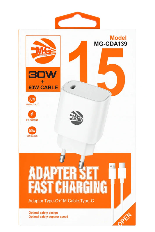 MG Adapter Set Fast Charging – 30W Oplader + 60W USB-C Kabel (1m) - Shisha Smaak