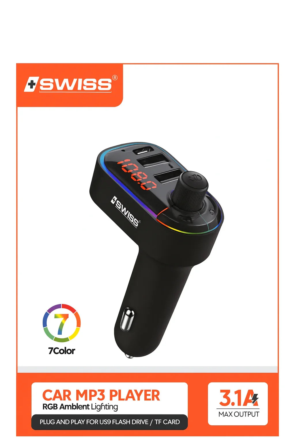 Swiss Wireless Car MP3 Player – Bluetooth FM Transmitter met USB-C, 2 USB & 7-Kleuren Ambient Lighting - Shisha Smaak