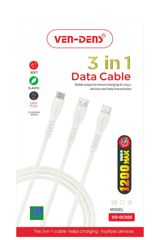 Ven-Dens 3-in-1 Data Cable – Universele Oplaadkabel 1200mm - Shisha Smaak