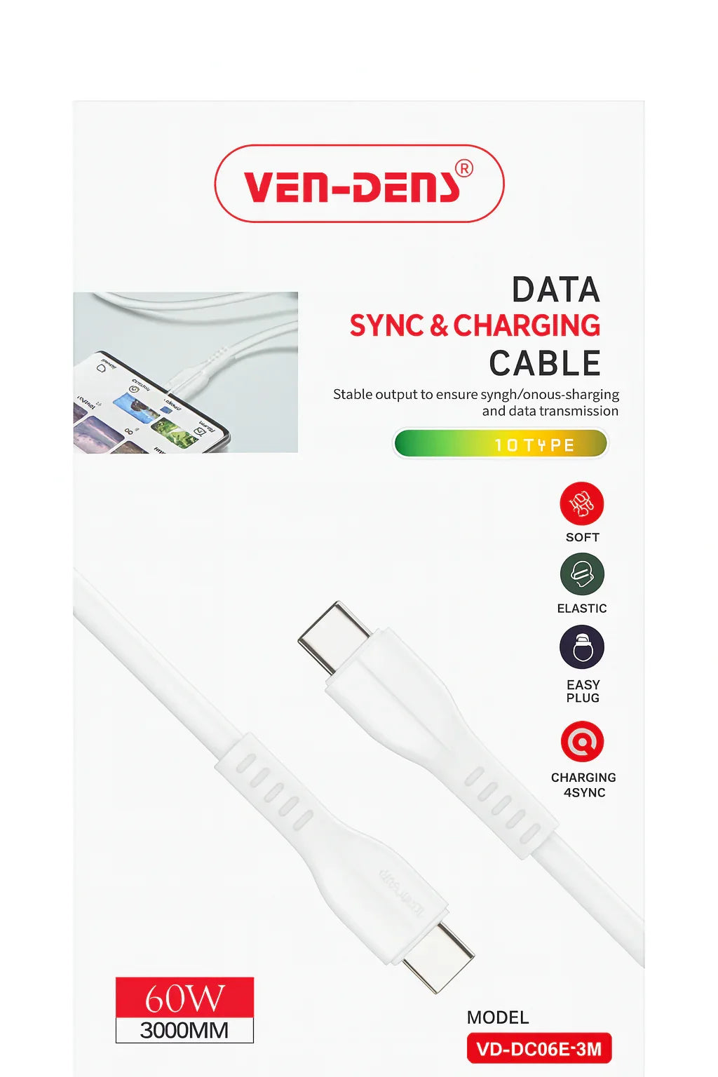 Ven-Dens Data Sync & Charging Cable – 60W Type-C naar Type-C Kabel - Shisha Smaak