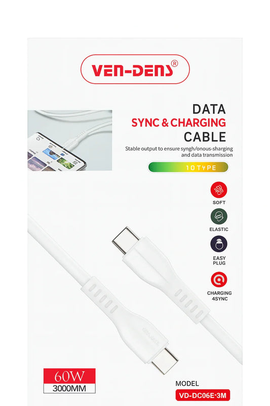 Ven-Dens Data Sync & Charging Cable – 60W Type-C naar Type-C Kabel - Shisha Smaak