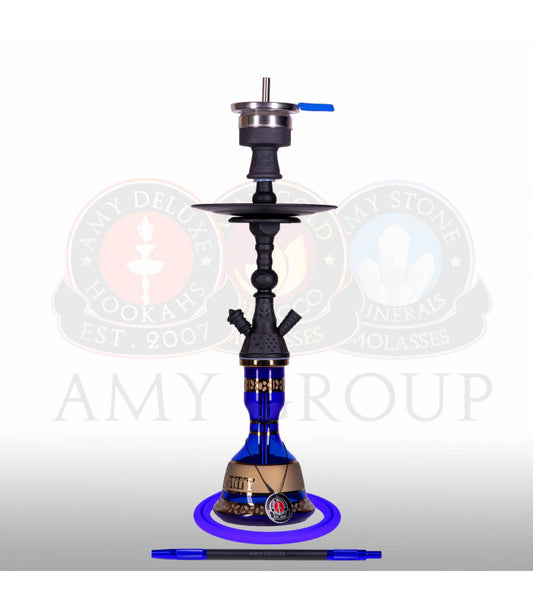 Amy Deluxe Mini Harfi Blauw – compacte shisha met matte zwarte kolom en blauwe bladgoud glazen vaas