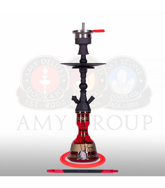 Amy Deluxe Mini Harfi Rood – compacte waterpijp met matte zwarte kolom en rode bladgoud glazen vaas