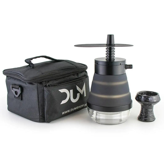 Zwarte DUM Accordion reiswaterpijp van 23 cm hoog, compacte travel shisha voor gebruik onderweg.