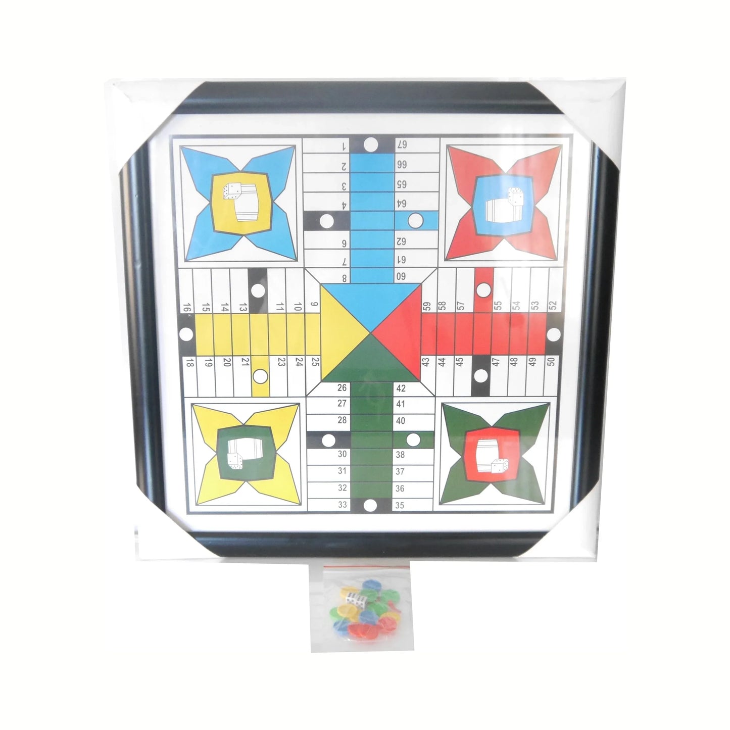 Klein glas bordspel met fiches en opbergkoker