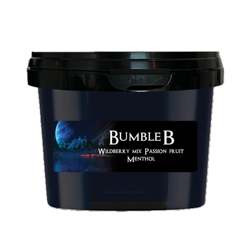 Paradise Bumble B steam stones in a black 200 gram tub with a blue planet above an island on the label