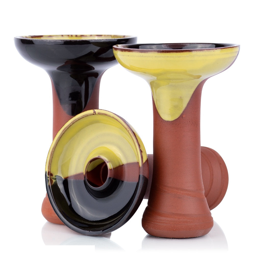 Phunnel Bowl Natur Black-Yellow – handgemaakte shisha tabakskop van klei met uniek zwart-geel design en perfecte warmteverdeling.
