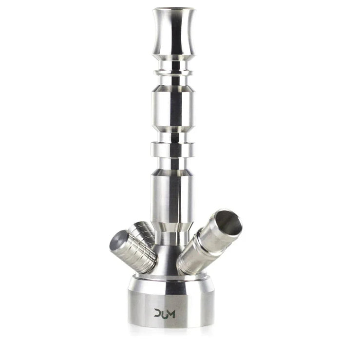 Stainless steel stem of the DUM SS23 Ragnarok, with rings in the metal, angled hose ports and the DUM logo at the base.