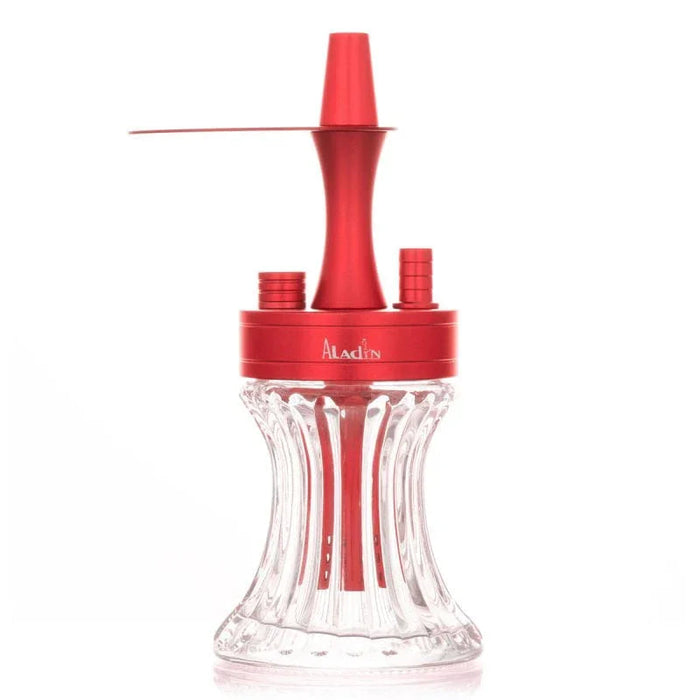 Compact red aluminium hookah with two connections on a low ribbed glass base, with a red plate and mouthpiece.