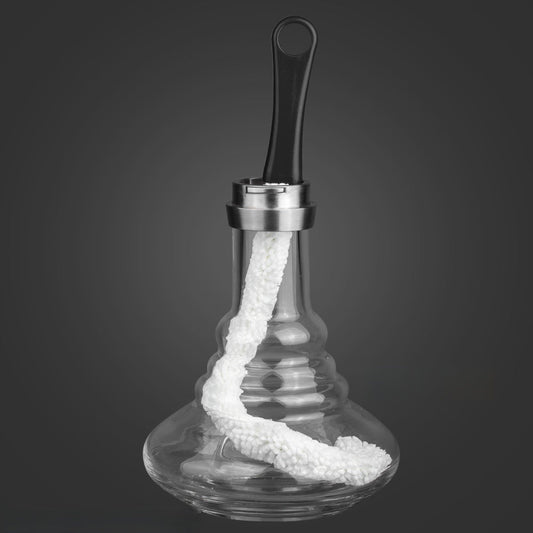 Flexible cleaning brush with a black handle and a white fibre head, bent inside a clear glass hookah base right down to the bottom.