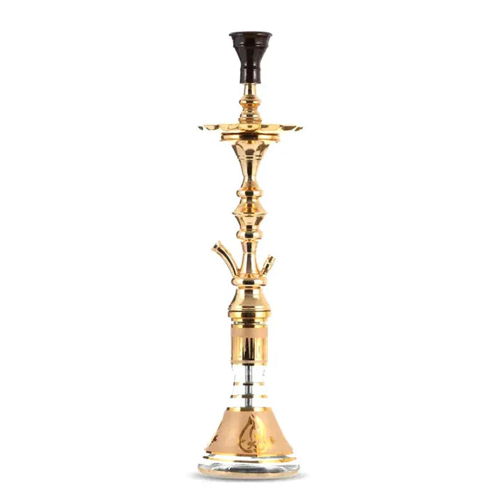 Hoge, slanke Khalil Mamoon-waterpijp in goudkleur, met een sierlijke kolom en een goudkleurige voet.