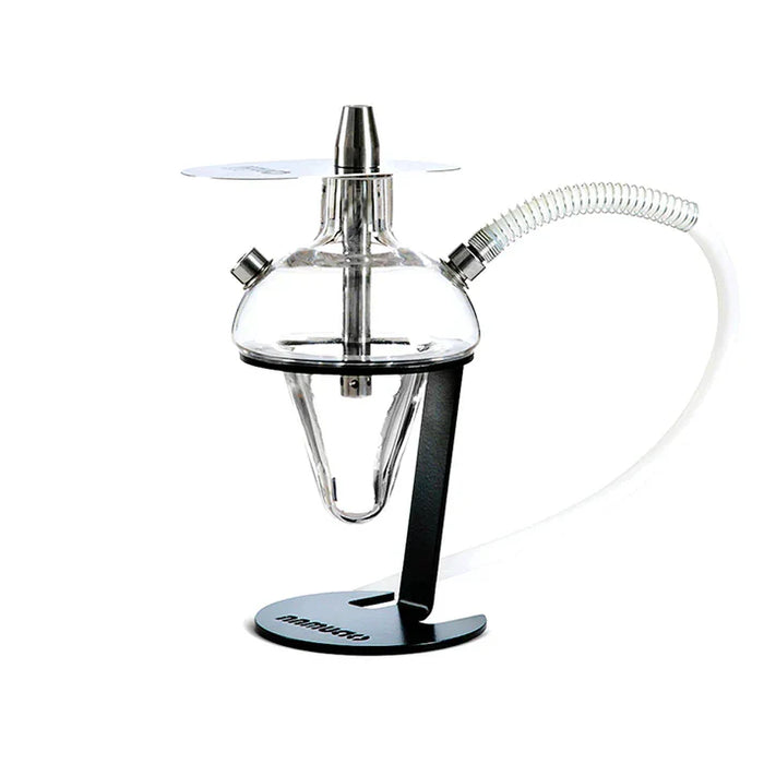 Oduman-waterpijp met een heldere glazen bol op een zwarte standaard, een stalen kop en een witte siliconen slang.