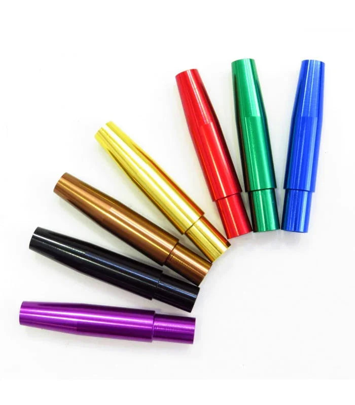 Seven aluminum end pieces for a silicone hose in a fan: purple, black, bronze, yellow, red, green and blue.