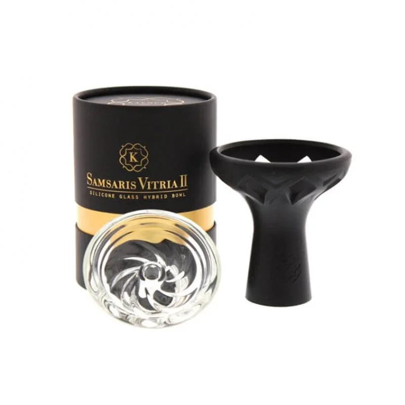 Kaloud Samsaris Vitria II: a black silicone bowl with a separate glass inner bowl, next to the black tube with gold lettering.