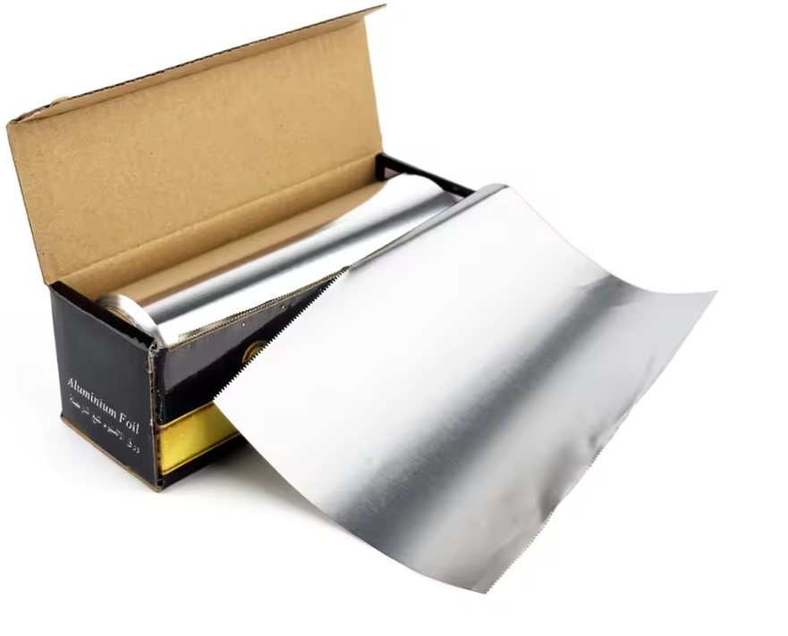 Roll of extra thick aluminum foil of 10 meters in a cardboard box, with a sheet of foil half unrolled.