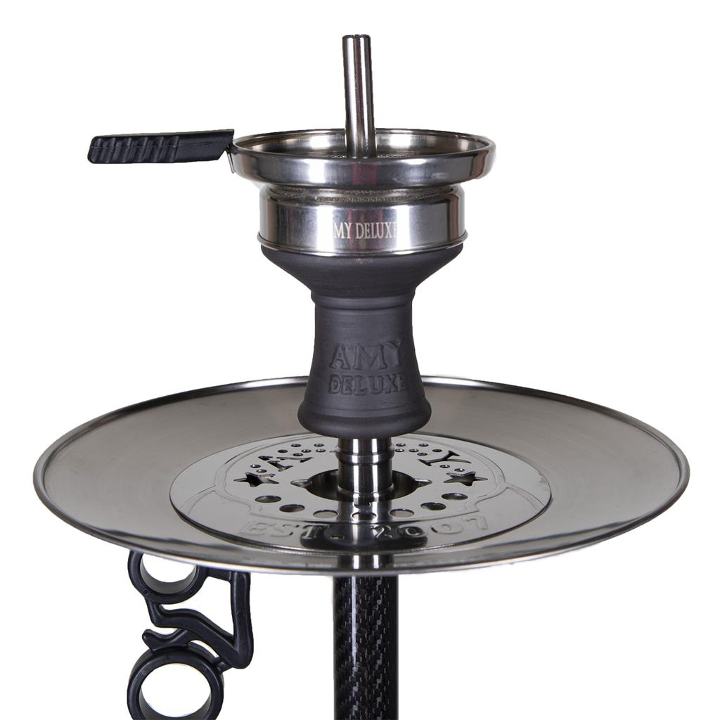 Amy Deluxe Carbonica Force R – zwarte carbon shisha waterpijp met glazen vaas en aluminium mondstuk.