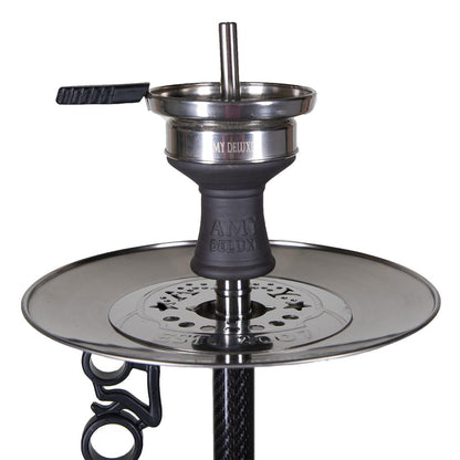 Amy Deluxe Carbonica Force R – zwarte carbon shisha waterpijp met glazen vaas en aluminium mondstuk.