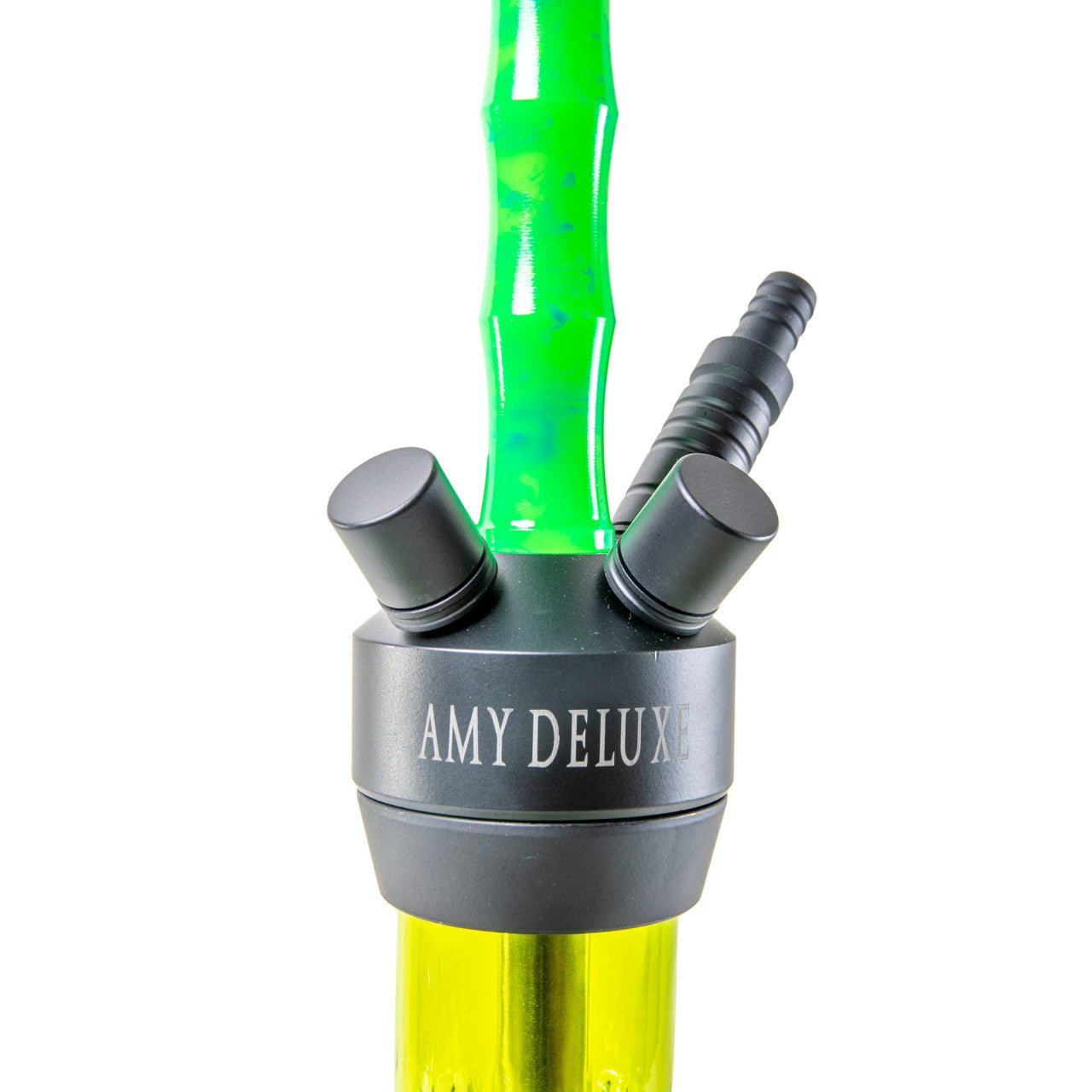 Amy Deluxe Dervish waterpijp detail met vier slangaansluitingen en acryl rookkolom, zij-aanzicht