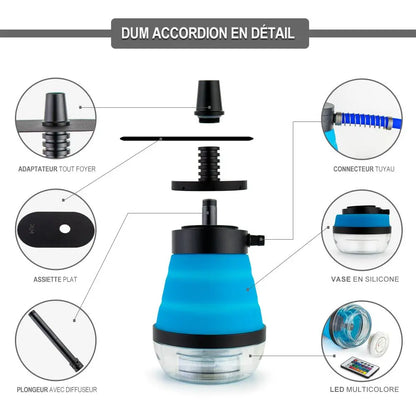 Compacte witte DUM Accordion shisha met opvouwbaar siliconen vaasje en meerkleurige LED-verlichting.