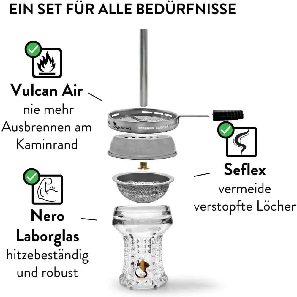 Luxe Dschinni Nero glaskop voor shisha met Vulcan Air en antibacteriële Seflex