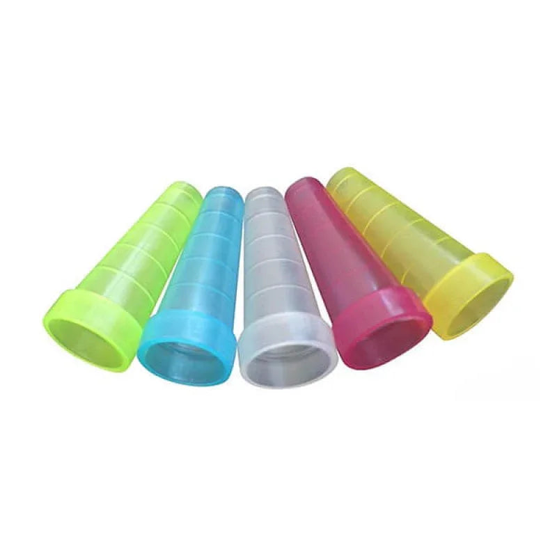Five clear disposable mouth tips in green, blue, white, pink and yellow, each with a wide rim at the bottom.