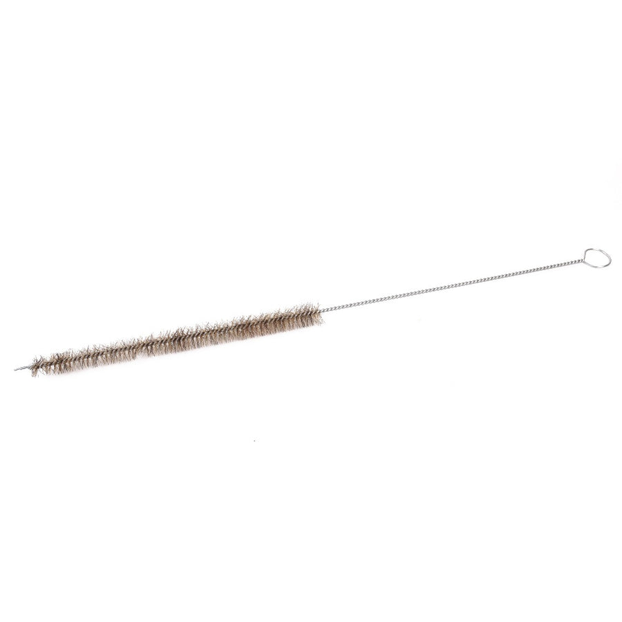 Long thin stem brush with natural-colored bristles on a twisted steel wire with a loop at the end.