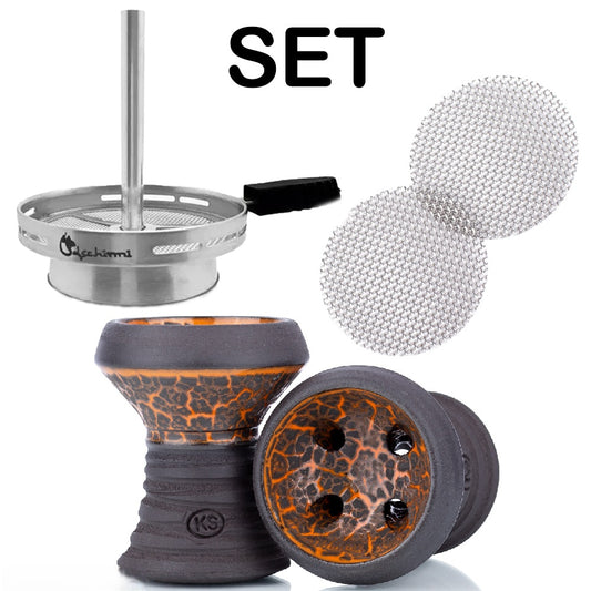 KS Appo Lava Orange Tabakskop Set – Stenen Shisha Kop met Hotscreen Dschinni Vulcan Air & RVS Zeef - Shisha Smaak