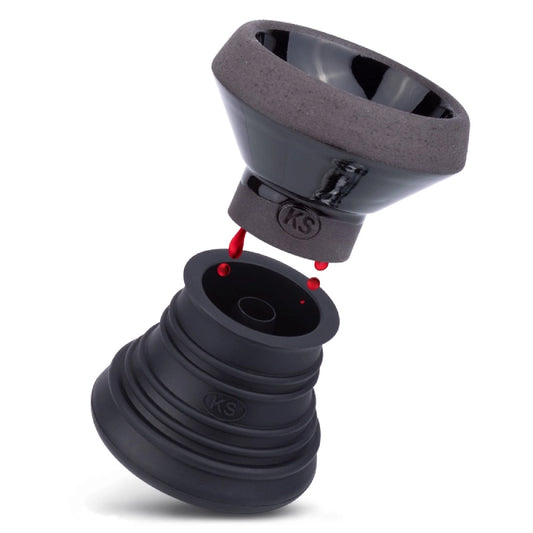 KS APPO Silko Shiny Black – shisha tabakskop met geïntegreerde melassevanger, hoogglans zwart design en compatibel met luxe hotscreens.