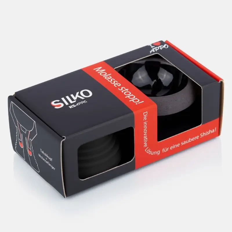 KS APPO Silko Shiny Black – stenen tabakskop met siliconen melassevanger, duurzaam en ideaal voor lange shisha sessies.