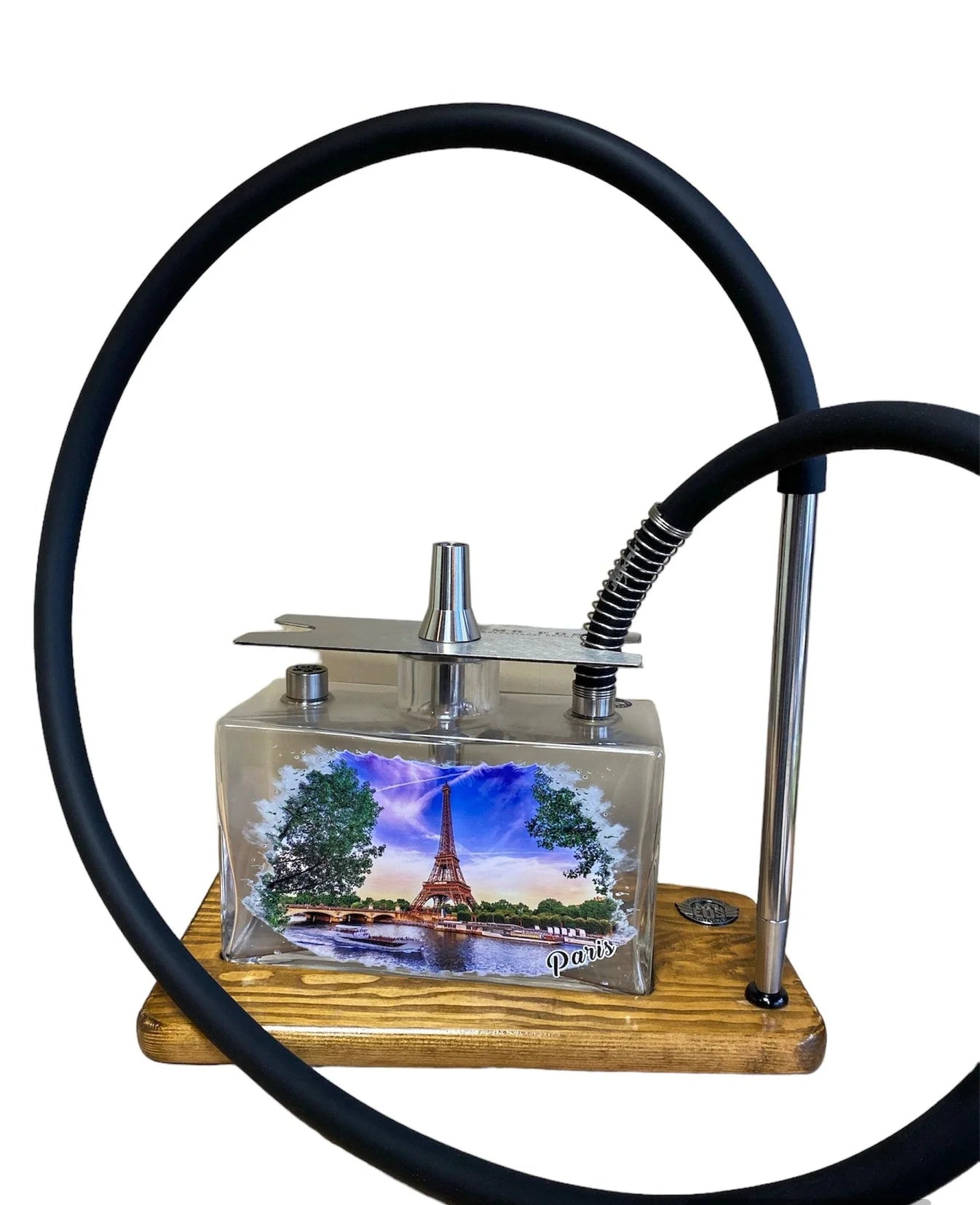 MR EDS E15 Paris waterpijp met rechthoekige glazen vaas op houten basis, compact shisha model voor thuis