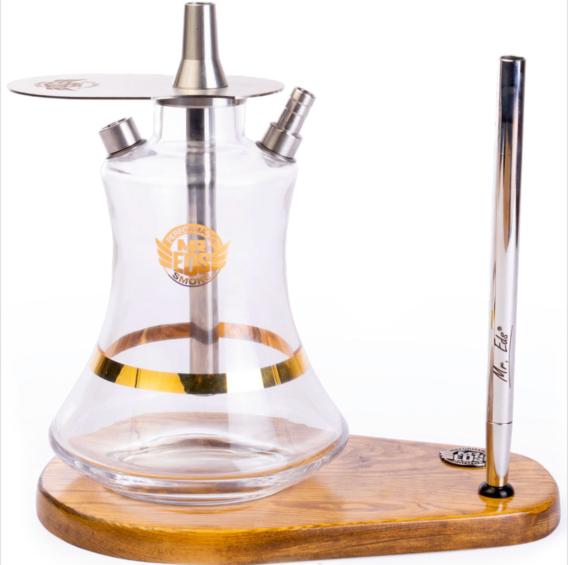 Mr Eds E16 titanium waterpijp in goud en zilver met siliconenslang en houten standaard, compacte shisha van 25 cm