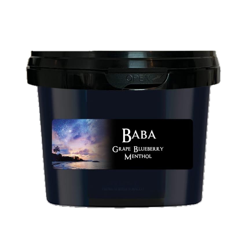 Paradise Baba steam stones in a black 200 gram tub with a starry sky over a beach and palm tree on the label