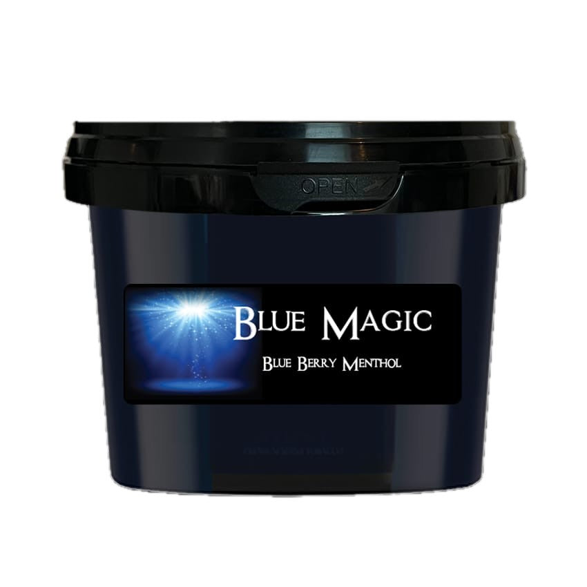 Paradise Blue Magic blueberry menthol steam stones in a black 200 gram tub with a glowing blue label