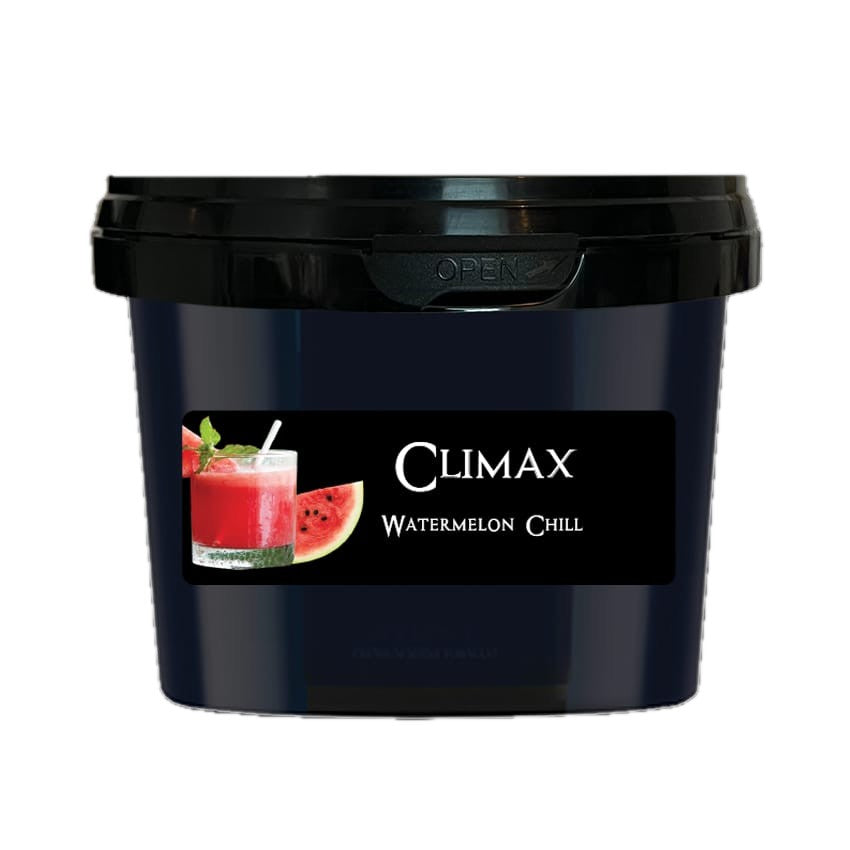 Paradise Climax Watermelon Chill steam stones, 200 gram tub with a glass of watermelon juice and a watermelon slice on the label