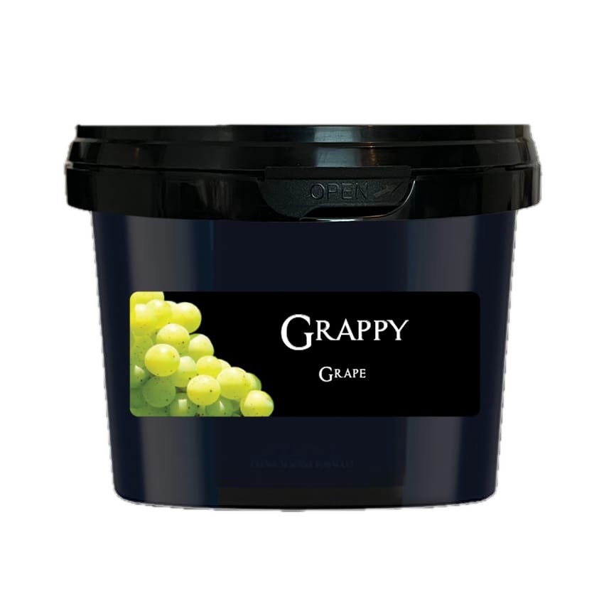 Paradise Grappy Grape steam stones in a black 200 gram tub with green grapes on the label