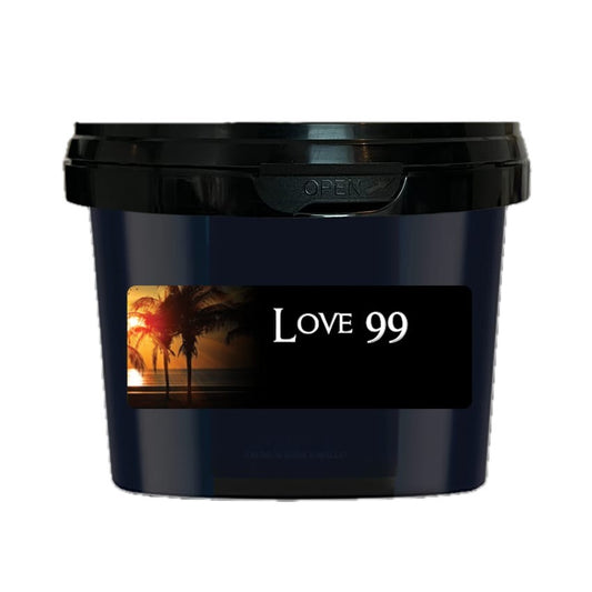 Paradise Love 99 steam stones in a black 200 gram tub with palm trees at sunset on the label