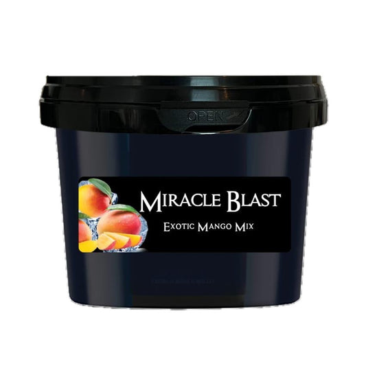 Paradise Miracle Blast steam stones in a black 200 gram tub with mangoes on the Exotic Mango Mix label