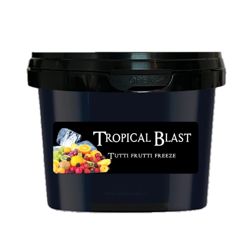 Paradise Tropical Blast Tutti Frutti Freeze steam stones, pot van 200 gram met tropisch fruit en ijsblokjes op het etiket