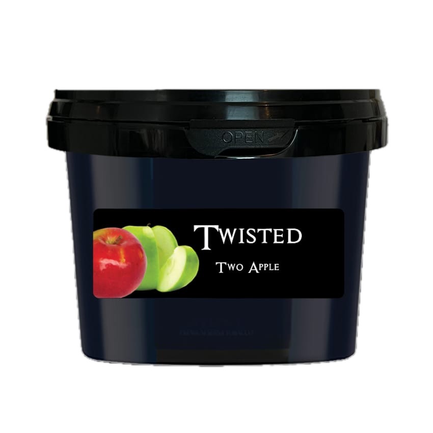 Paradise Twisted Two Apple steam stones in a black 200 gram tub with red and green apples on the label