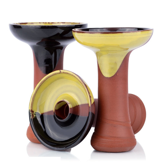 Phunnel Bowl Natur Black-Yellow – handgemaakte shisha tabakskop van klei met uniek zwart-geel design en perfecte warmteverdeling.