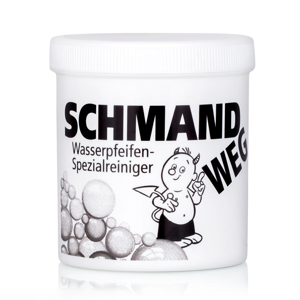 White plastic tub of cleaning powder with a screw lid and a black label reading Schmand Weg Wasserpfeifen-Spezialreiniger, among drawn soap bubbles.
