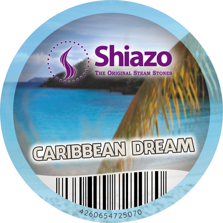 Etiket van de Shiazo Caribbean Dream met strand en palmblad op het deksel