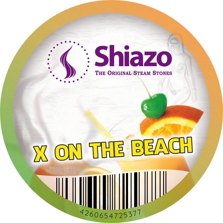 Etiket van de Shiazo X on the Beach met sinaasappel en een cocktailkers op het deksel